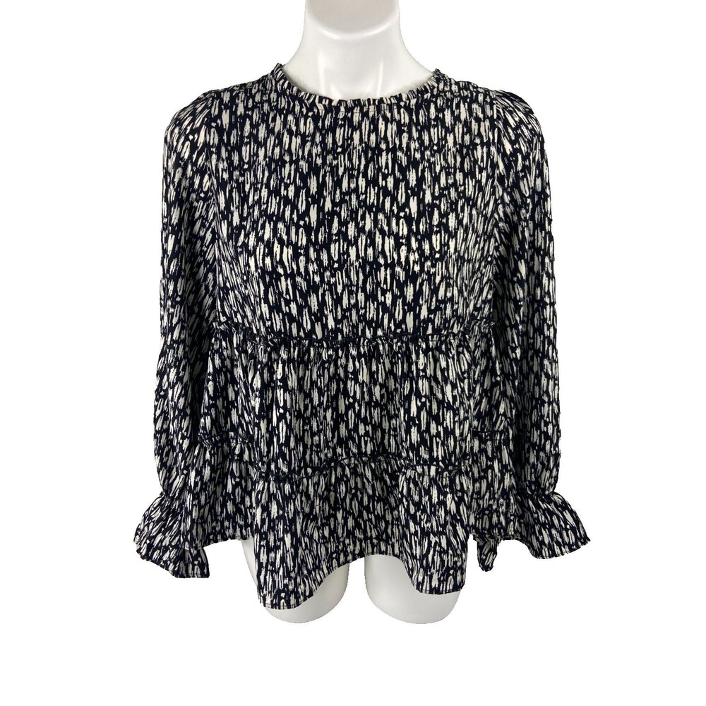 New In Collection Women Large Tiered Ruffle Top Black White Abstract NWT